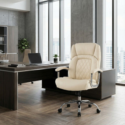 Leather Office Chair with Rocking Mode and Armrests-Beige