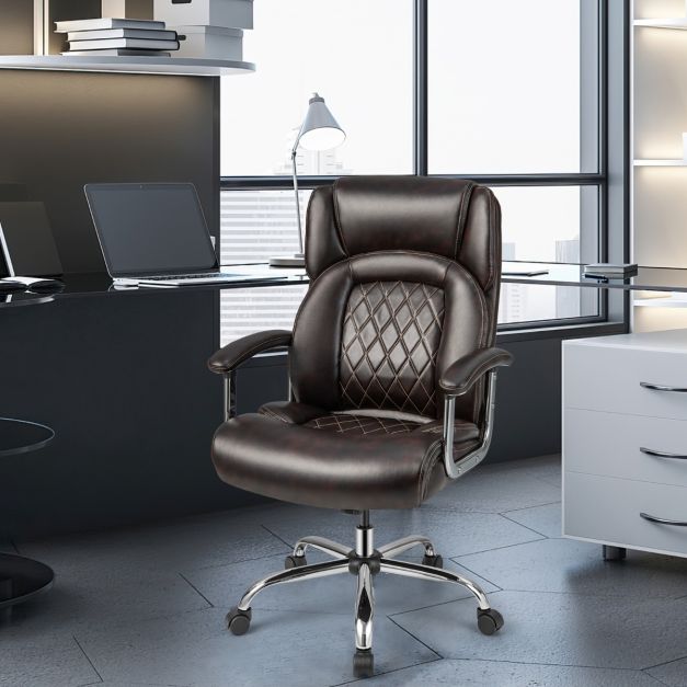 Leather Office Chair with Rocking Mode and Armrests-Brown