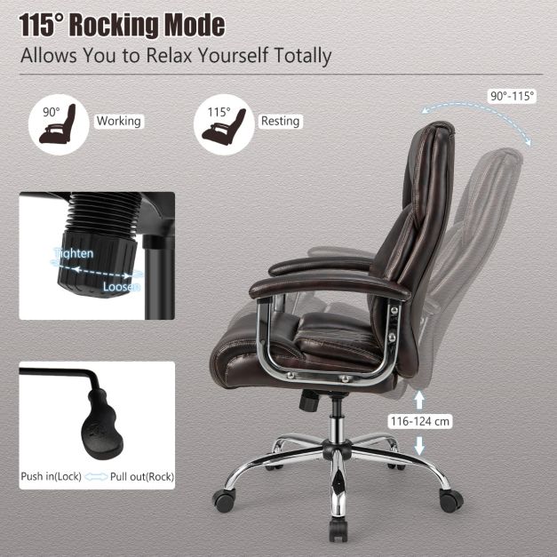 Leather Office Chair with Rocking Mode and Armrests-Brown