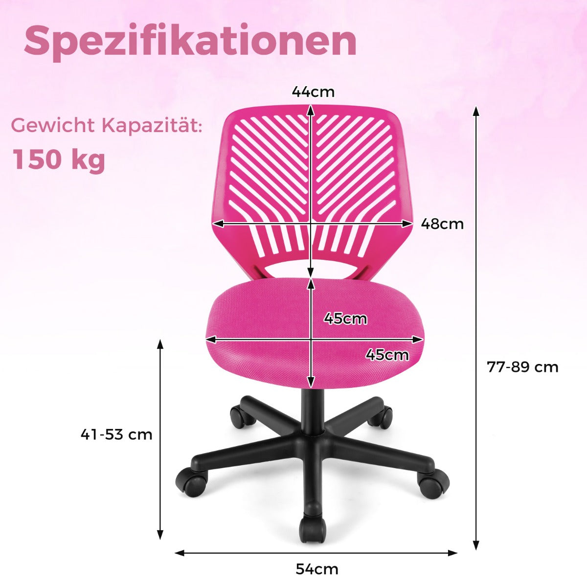 Height-adjustable Kids Mesh Ergonomic Desk Chair with Universal Casters-Pink