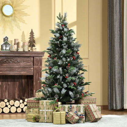 HOMCOM 5FT Artificial Snow Dipped Christmas Tree Xmas Pencil Tree Holiday Home Party Decoration with Foldable Feet Red Berries White Pinecones, Green