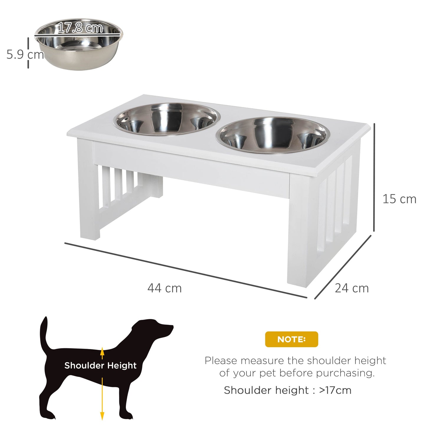 PawHut Raised Dog Feeding Bowls with Stand, Stainless Steel for Extra Small and Small Dog, 44L x 24W x 15H cm - White