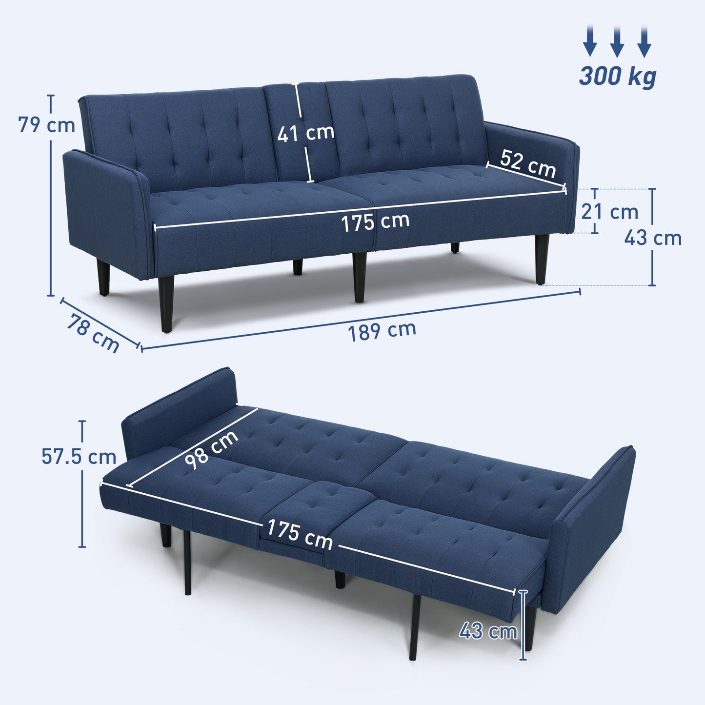 HOMCOM Three-Seater Sofa Bed, with Cupholders - Dark Blue