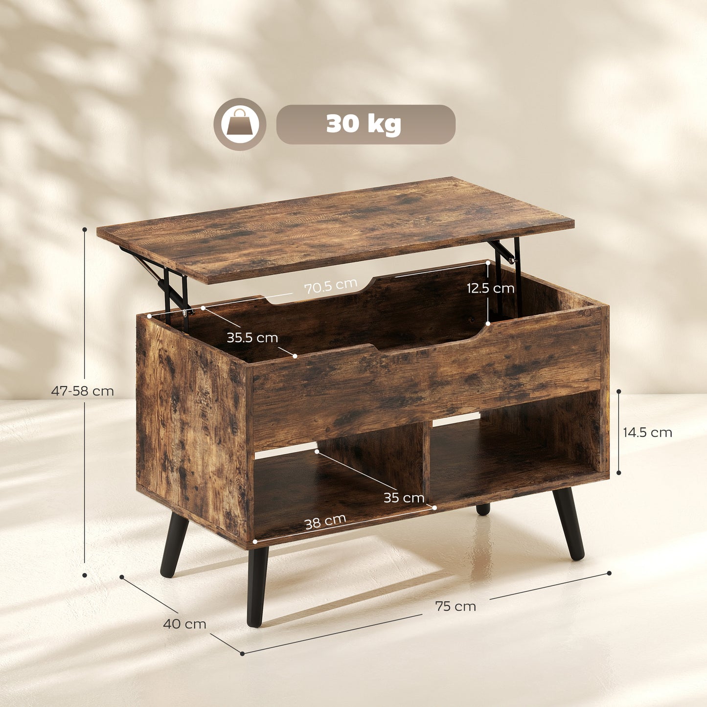 HOMCOM Lift Top Coffee Table with Hidden Storage Living Room Table Metal Legs 75 cm Rustic Brown