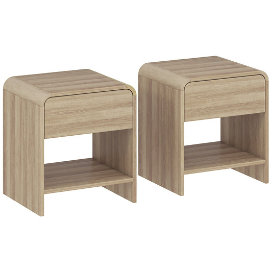 HOMCOM Bedside Tables Set of 2, Nightstands with Rounded Corners, Modern Side Table with Silent Drawer for Bedroom, Natural