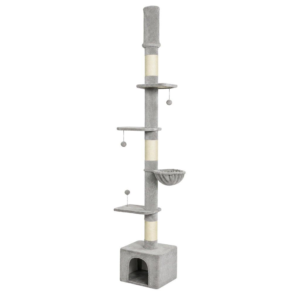 PawHut Floor to Ceiling Cat Tree, 230-250cm Multi-Level Cat Tower with Adjustable Height, Scratching Posts, Condo, Platforms