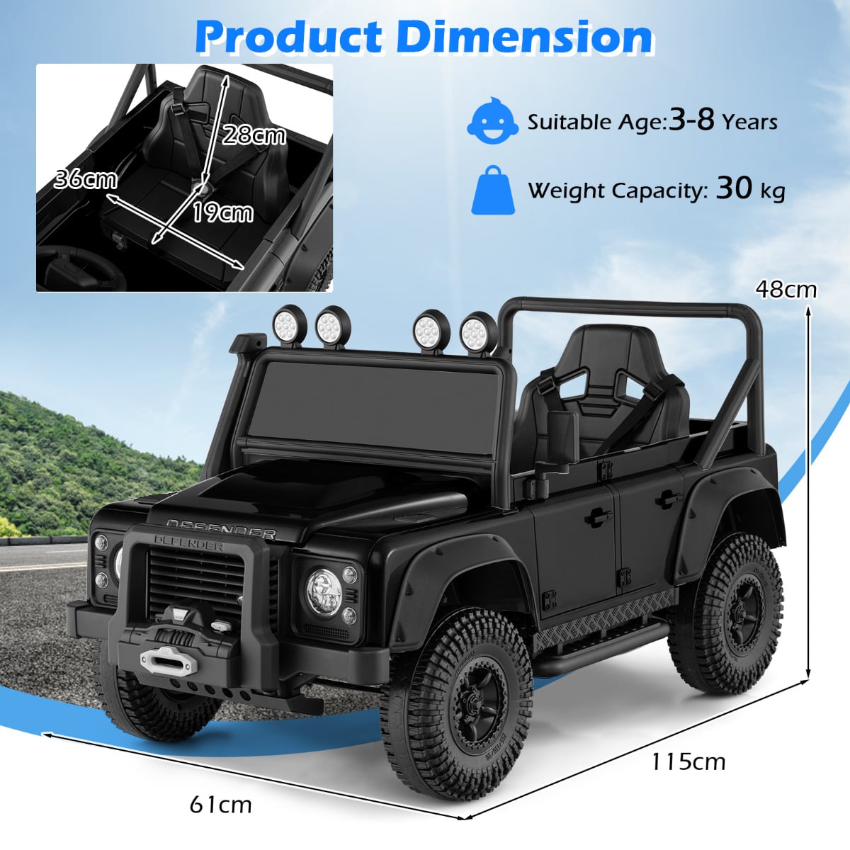 Licensed Land Rover Defender 12V Ride On Toy Car with Parent Remote Control -Black