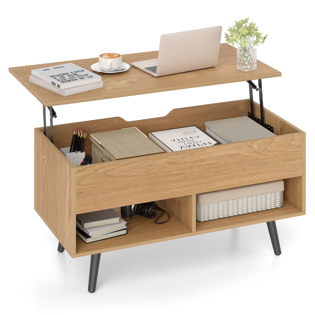 Lift Top Coffee Table with Hidden Compartment and Open Storage Shelves-Natural
