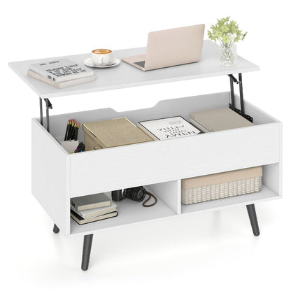 Lift Top Coffee Table with Hidden Compartment and Open Storage Shelves-White