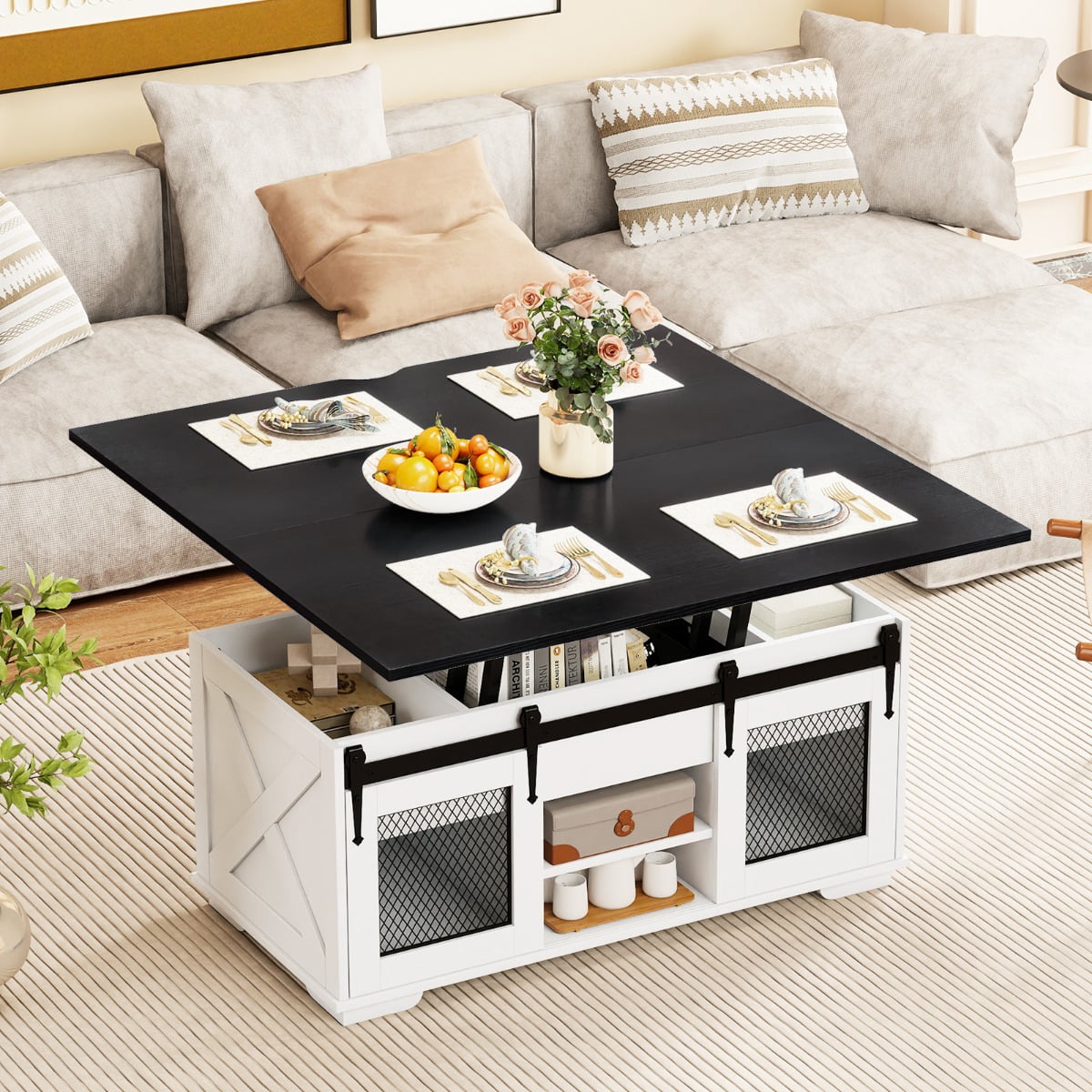 Lift Top Coffee Table with 2 Sliding Barn Doors and Open Shelves-Black