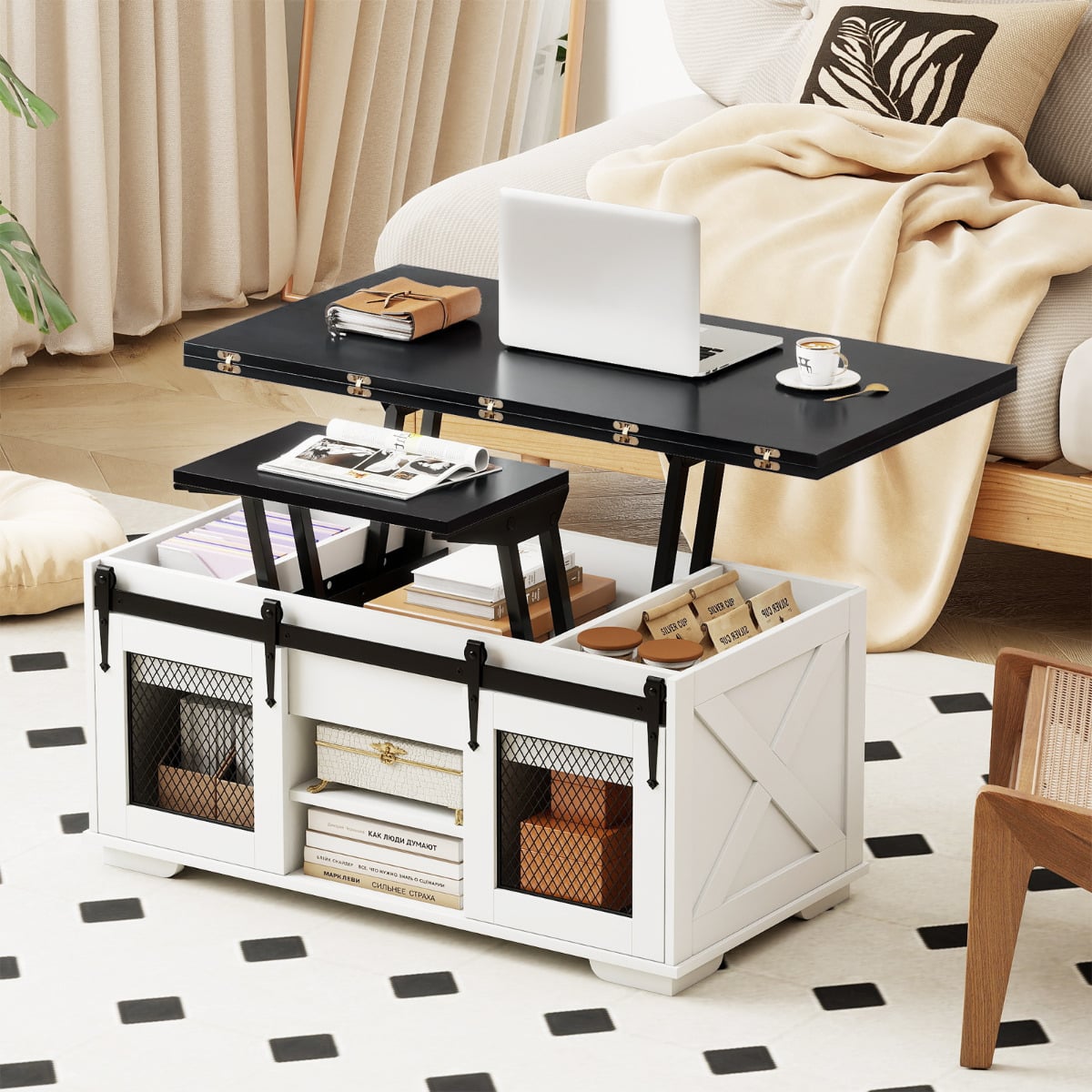 Lift Top Coffee Table with 2 Sliding Barn Doors and Open Shelves-Black