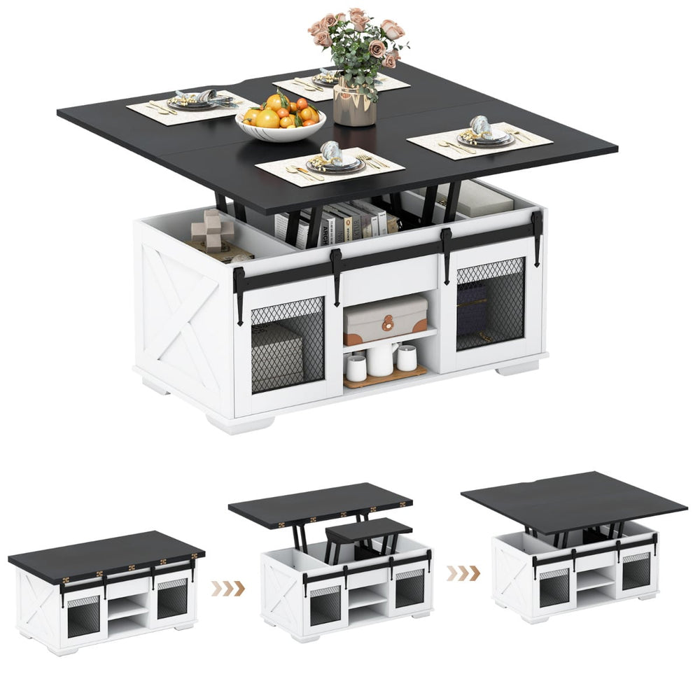 Lift Top Coffee Table with 2 Sliding Barn Doors and Open Shelves-Black