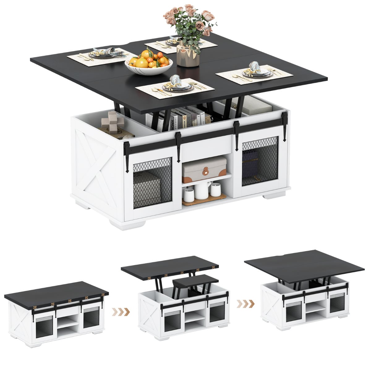 Lift Top Coffee Table with 2 Sliding Barn Doors and Open Shelves-Black