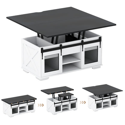 Lift Top Coffee Table with 2 Sliding Barn Doors and Open Shelves-Black