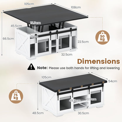 Lift Top Coffee Table with 2 Sliding Barn Doors and Open Shelves-Black