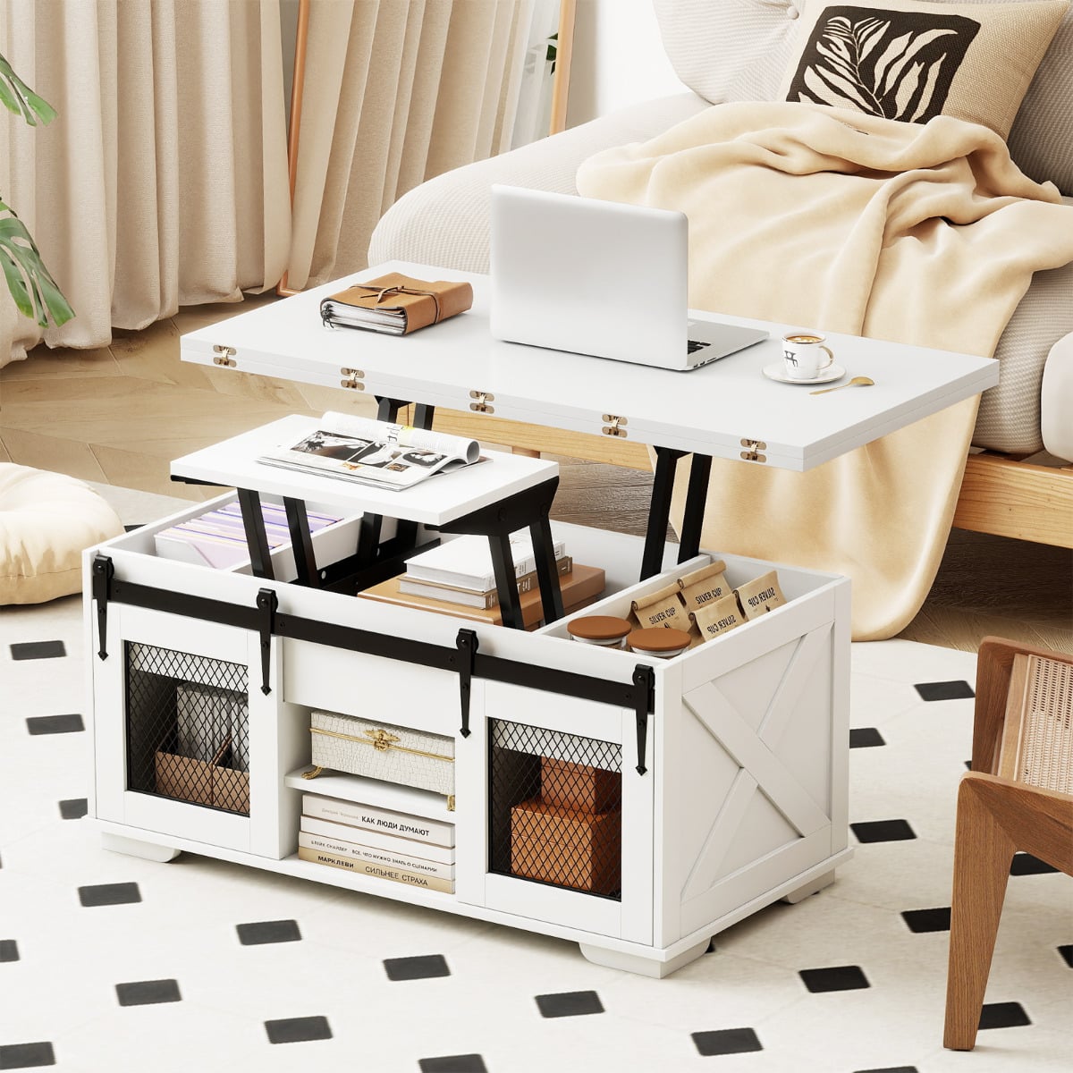 Lift Top Coffee Table with 2 Sliding Barn Doors and Open Shelves-White