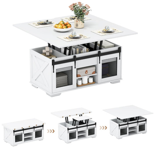 Lift Top Coffee Table with 2 Sliding Barn Doors and Open Shelves-White