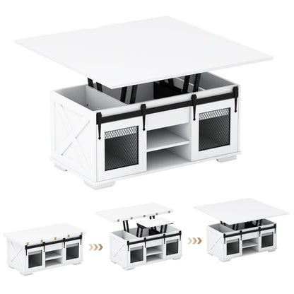 Lift Top Coffee Table with 2 Sliding Barn Doors and Open Shelves-White