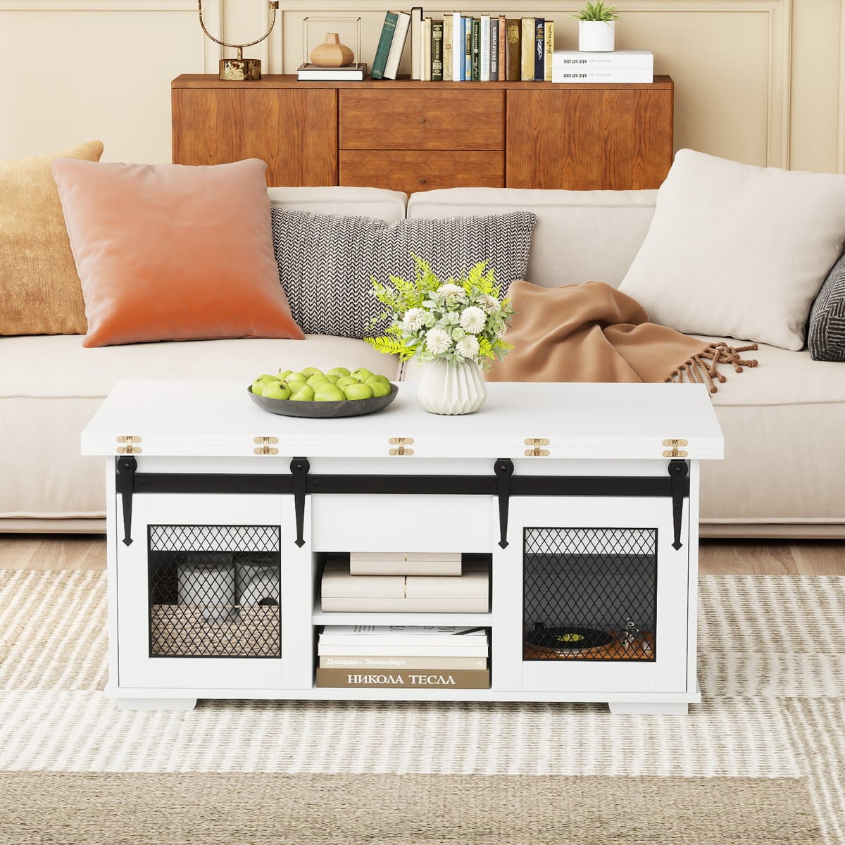 Lift Top Coffee Table with 2 Sliding Barn Doors and Open Shelves-White