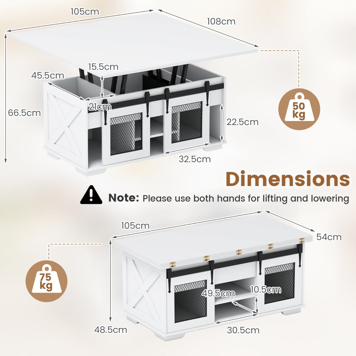 Lift Top Coffee Table with 2 Sliding Barn Doors and Open Shelves-White