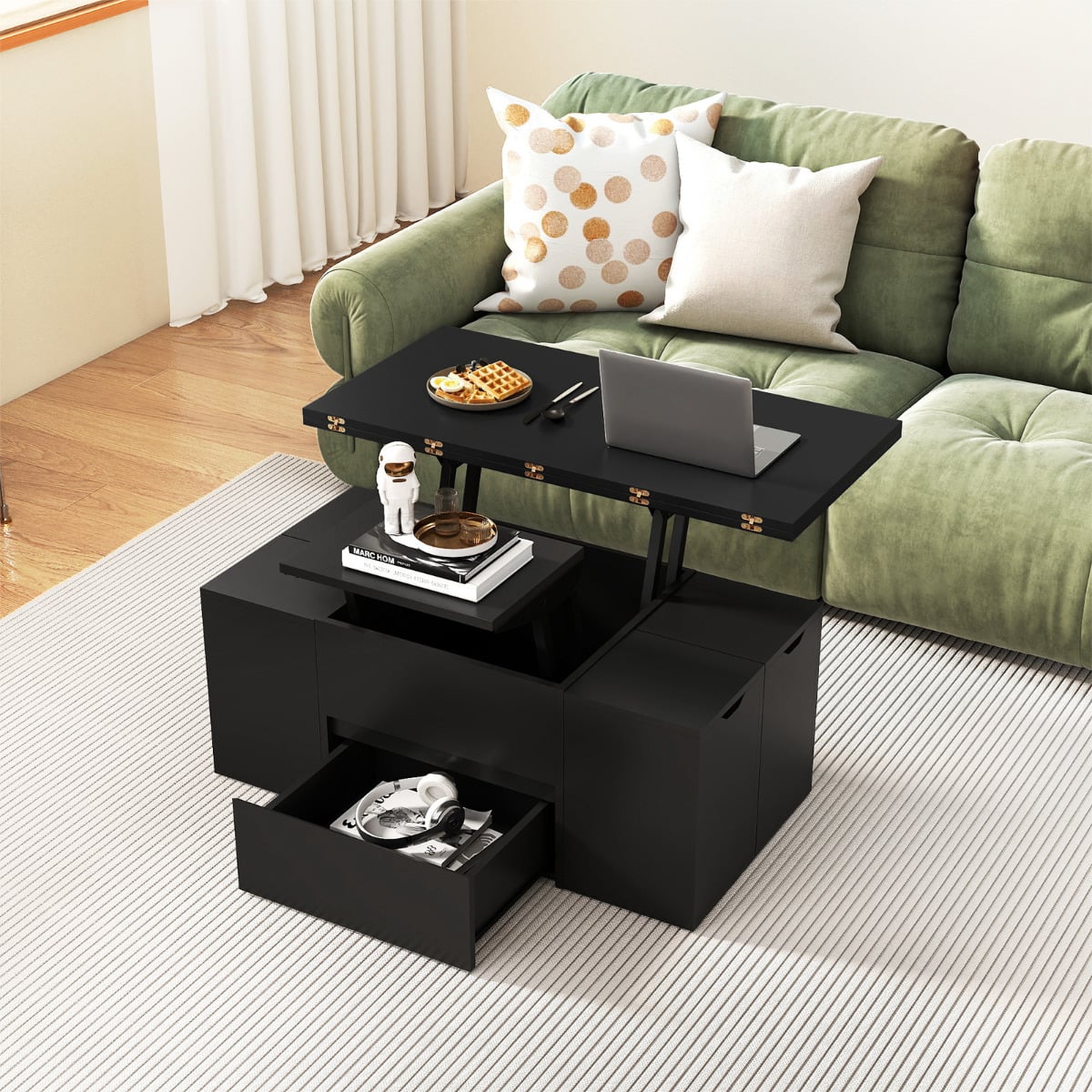 Lift Top Coffee Table with Hidden Compartment and Drawer-Black