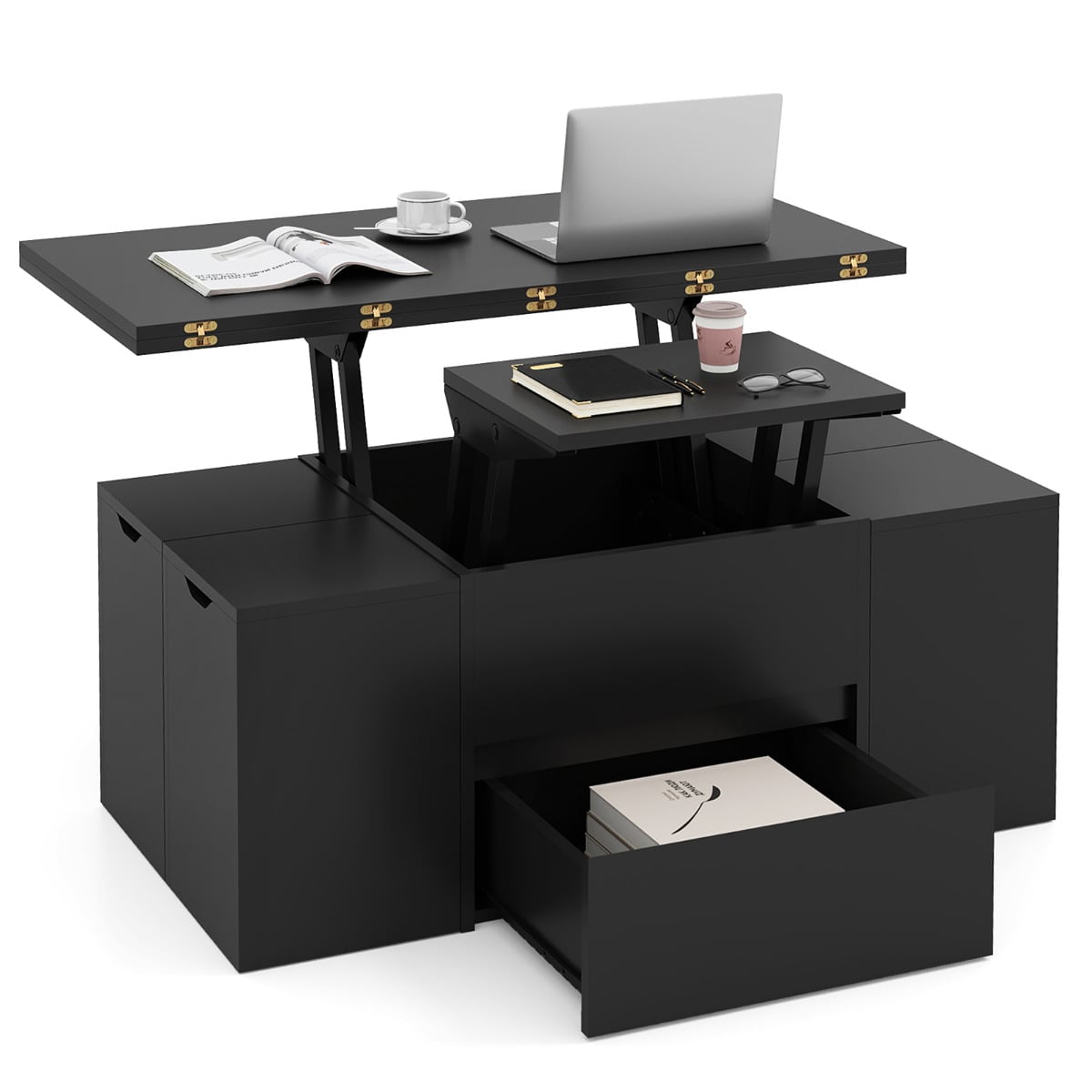 Lift Top Coffee Table with Hidden Compartment and Drawer-Black