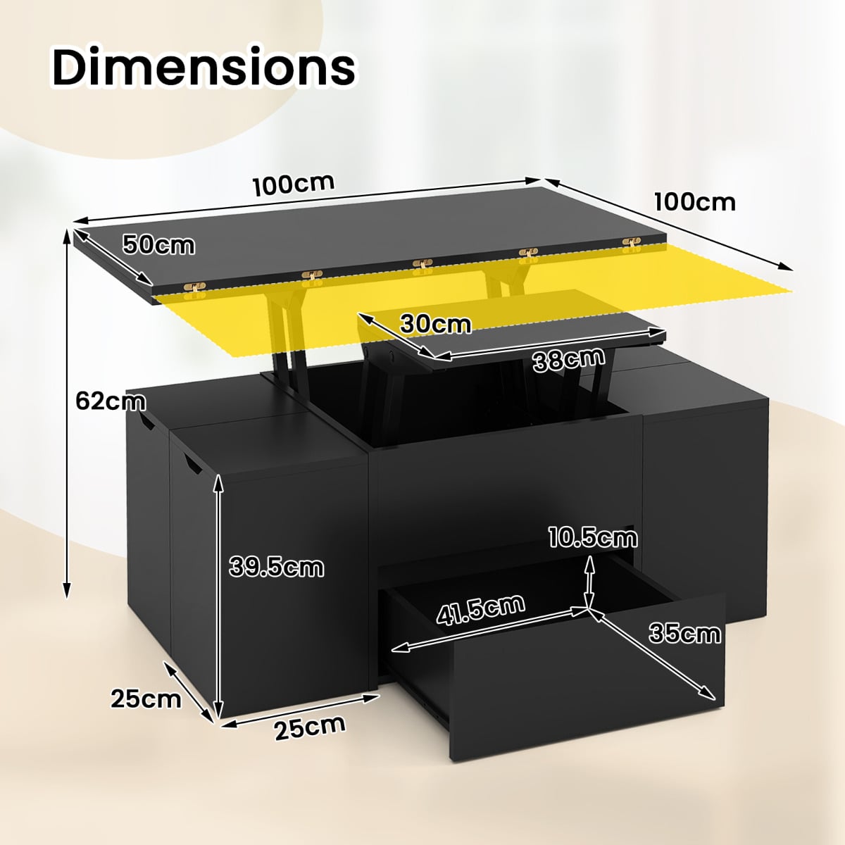 Lift Top Coffee Table with Hidden Compartment and Drawer-Black