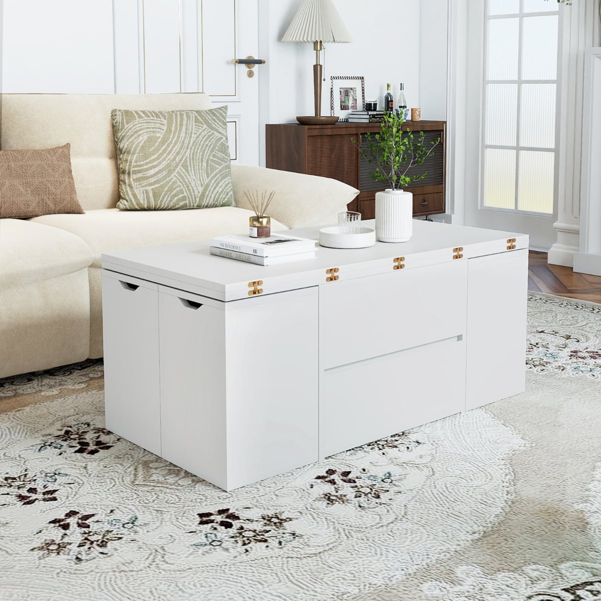 Lift Top Coffee Table with Hidden Compartment and Drawer-White