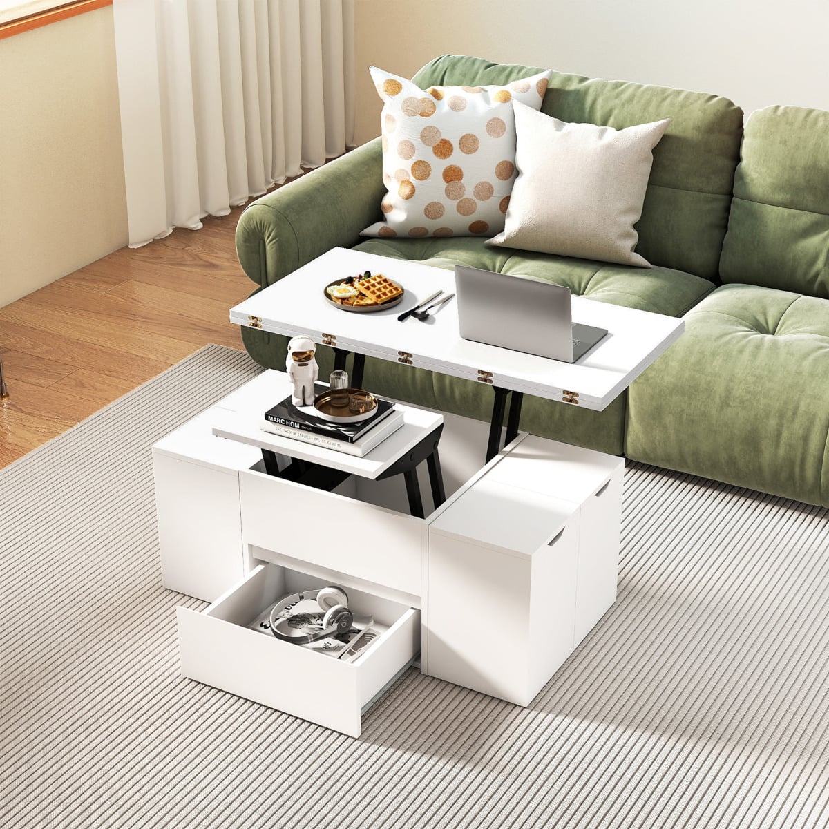 Lift Top Coffee Table with Hidden Compartment and Drawer-White