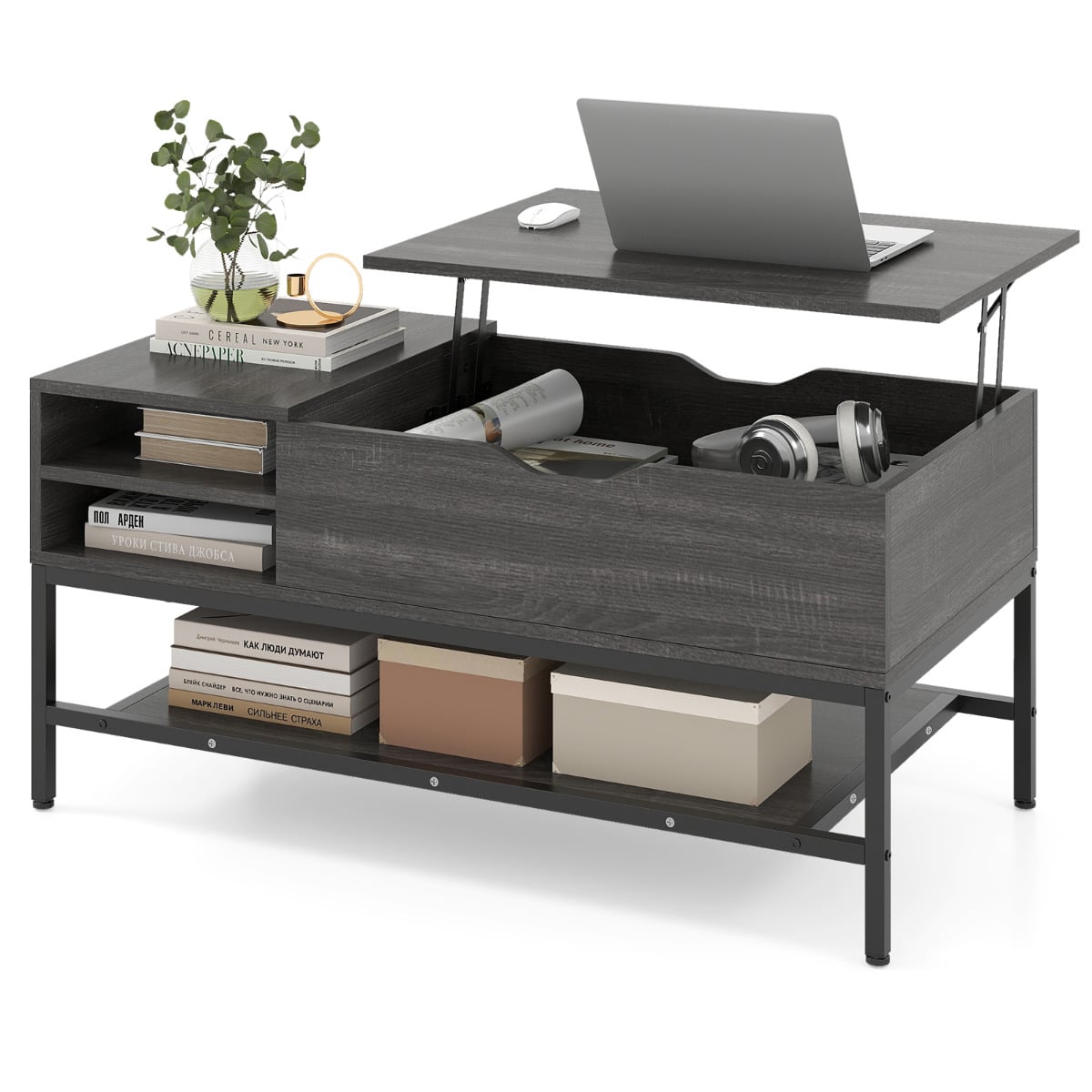 Lift Top Coffee Table with Hidden Compartment and Storage Shelf-Grey