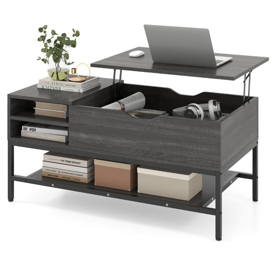 Lift Top Coffee Table with Hidden Compartment and Storage Shelf-Grey