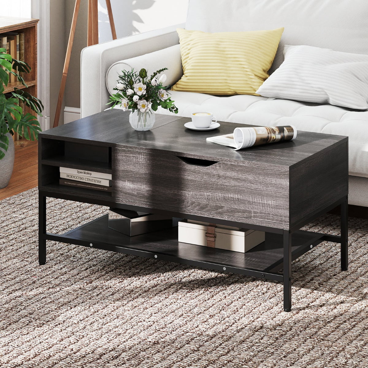 Lift Top Coffee Table with Hidden Compartment and Storage Shelf-Grey