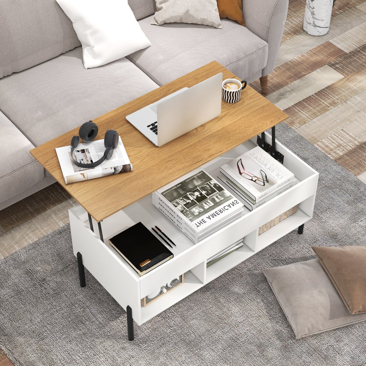Lift Top Coffee Table with Large Hidden Compartment and 3 Open Cubbies-White