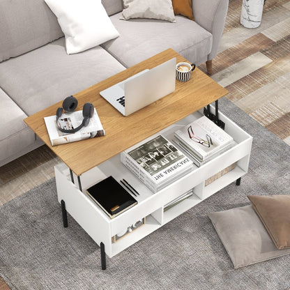 Lift Top Coffee Table with Large Hidden Compartment and 3 Open Cubbies-White