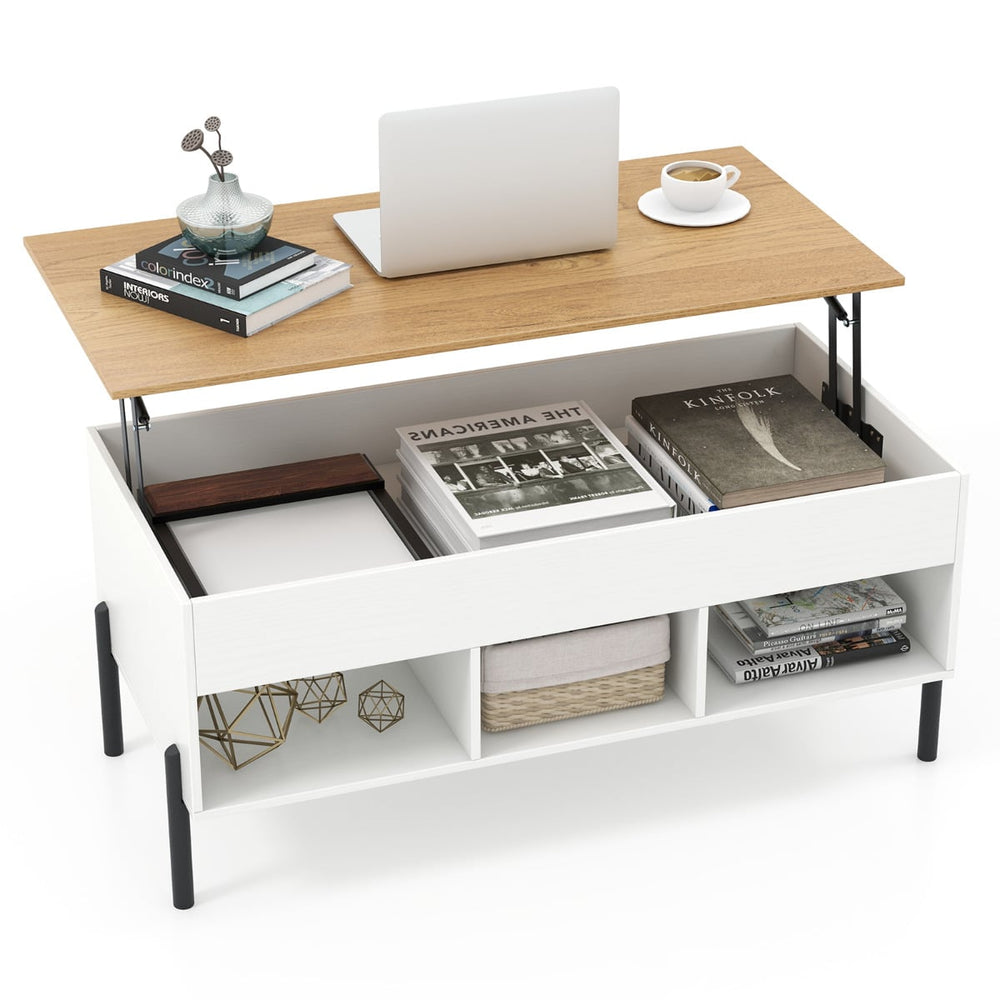 Lift Top Coffee Table with Large Hidden Compartment and 3 Open Cubbies-White