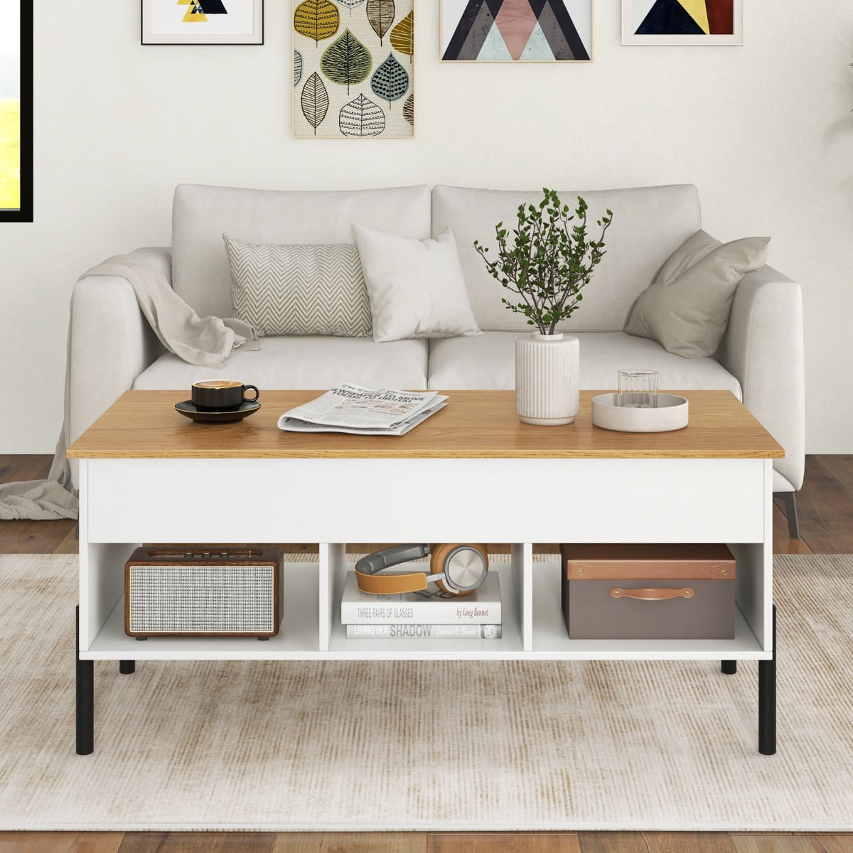 Lift Top Coffee Table with Large Hidden Compartment and 3 Open Cubbies-White