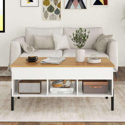 Lift Top Coffee Table with Large Hidden Compartment and 3 Open Cubbies-White