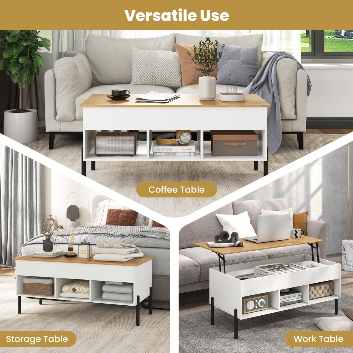 Lift Top Coffee Table with Large Hidden Compartment and 3 Open Cubbies-White