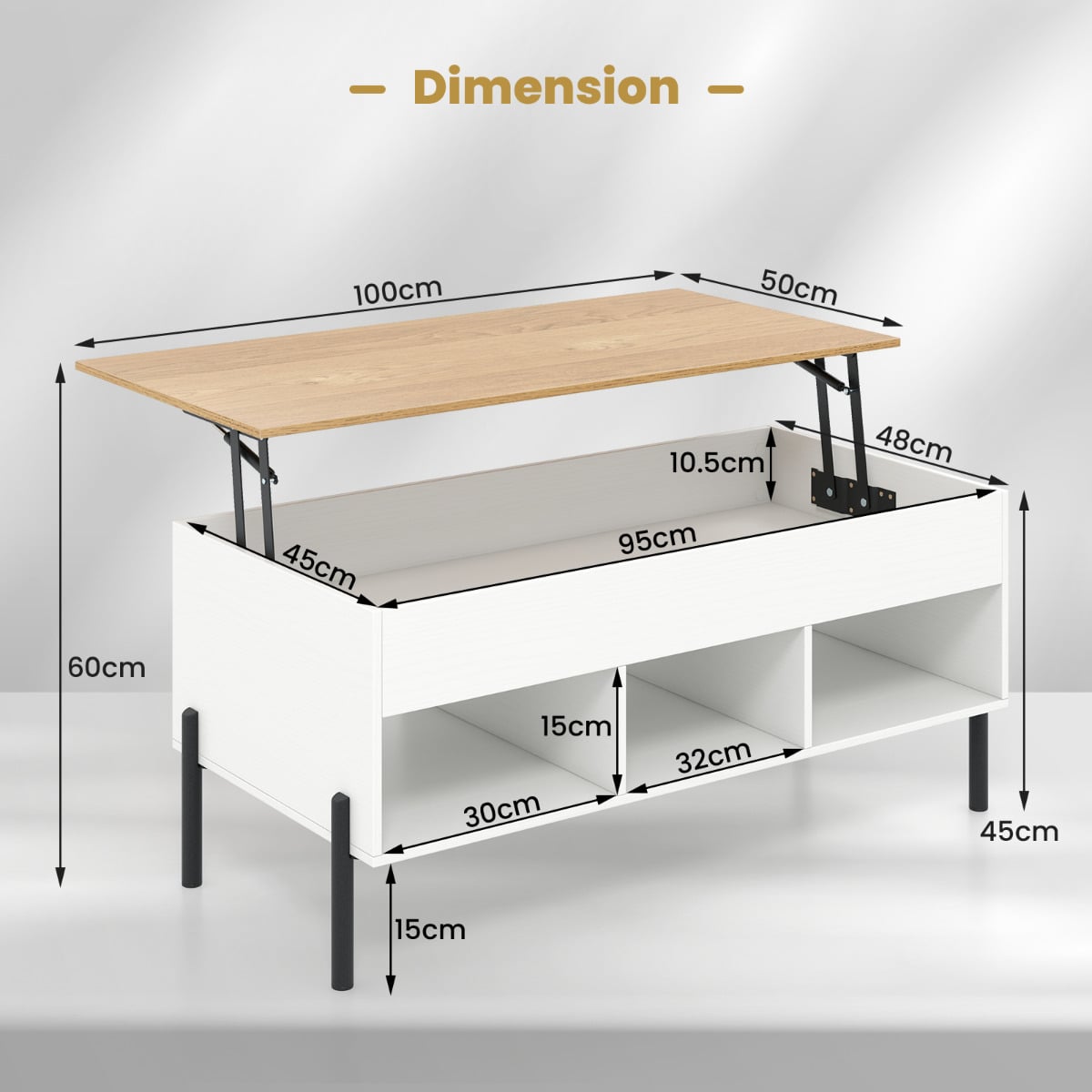 Lift Top Coffee Table with Large Hidden Compartment and 3 Open Cubbies-White