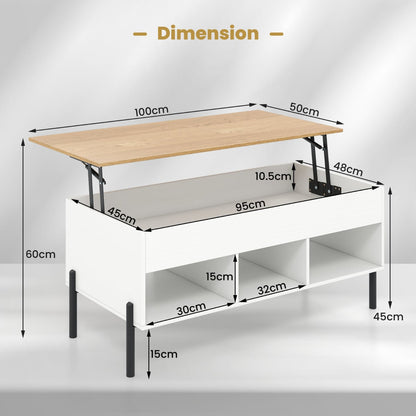 Lift Top Coffee Table with Large Hidden Compartment and 3 Open Cubbies-White