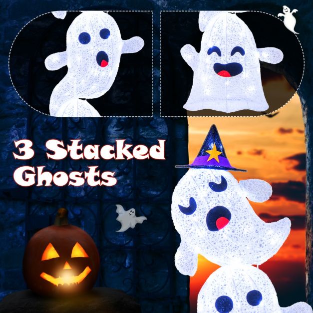 4 FT Lighted Stacked Ghosts with 120 LED Lights and 4 Metal Ground Stakes