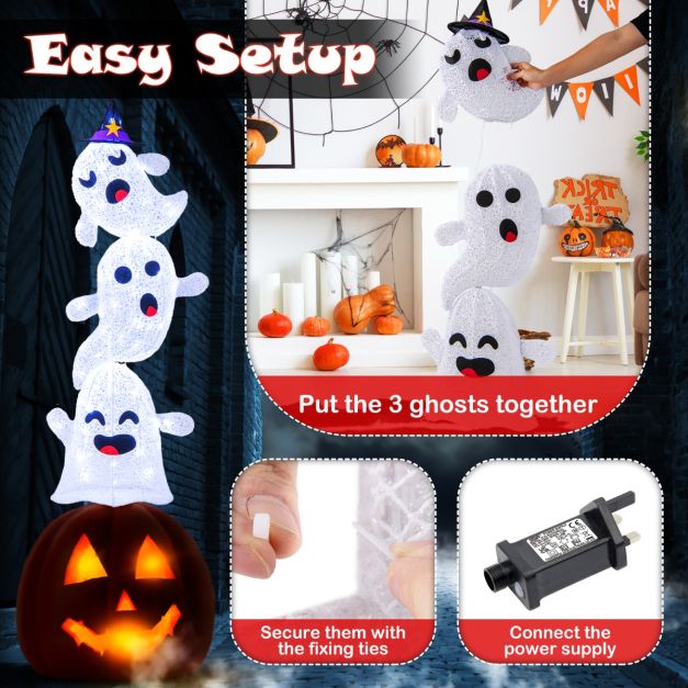 4 FT Lighted Stacked Ghosts with 120 LED Lights and 4 Metal Ground Stakes