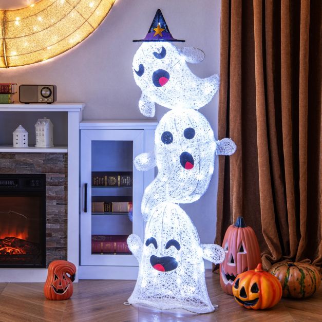 4 FT Lighted Stacked Ghosts with 120 LED Lights and 4 Metal Ground Stakes