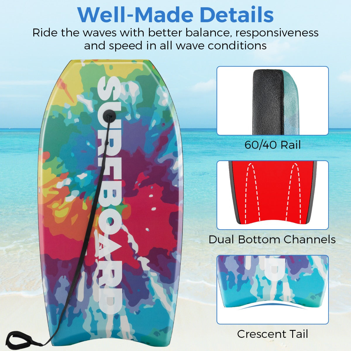 Lightweight Body Board with EPS Core and XPE Deck and HDPE Bottom for Beach Sea and Pool-S