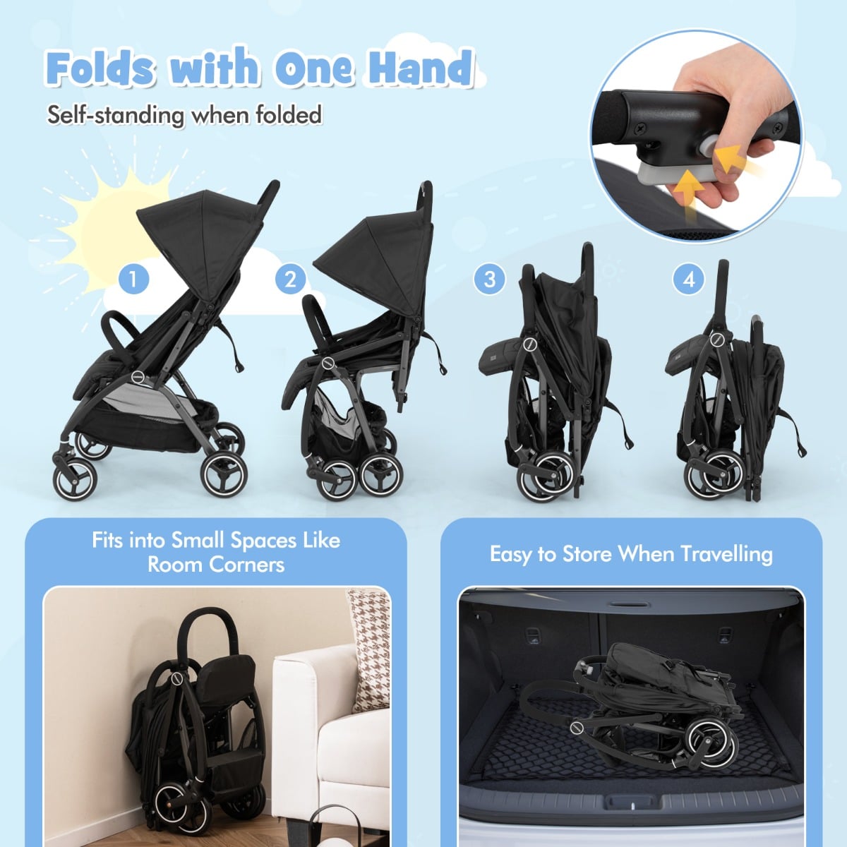 Lightweight Foldable Baby Stroller with Adjustable Backrest and Canopy-Black