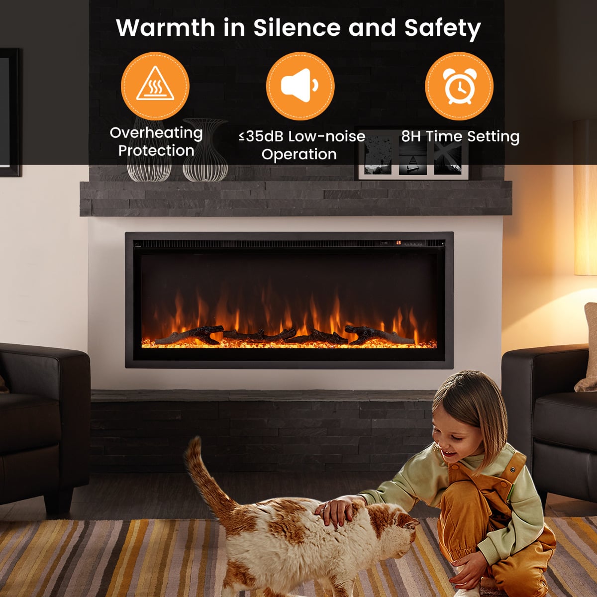 Linear Electric Fireplace with Log and Crystal Decor and Remote Contro-106 cm