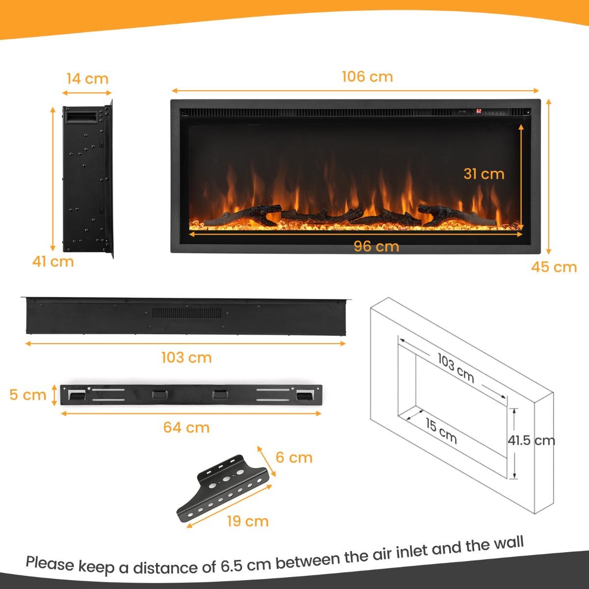Linear Electric Fireplace with Log and Crystal Decor and Remote Contro-106 cm