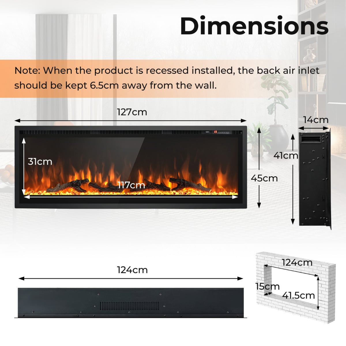 Linear Electric Fireplace with Log and Crystal Decor and Remote Contro-127 cm