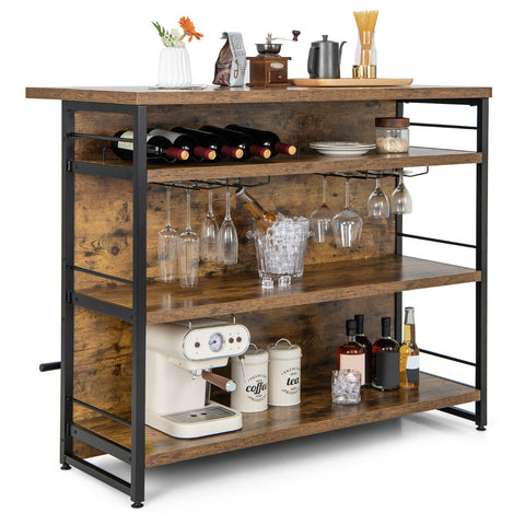 Industrial Home Bar Unit with 3 Open Shelves-Brown