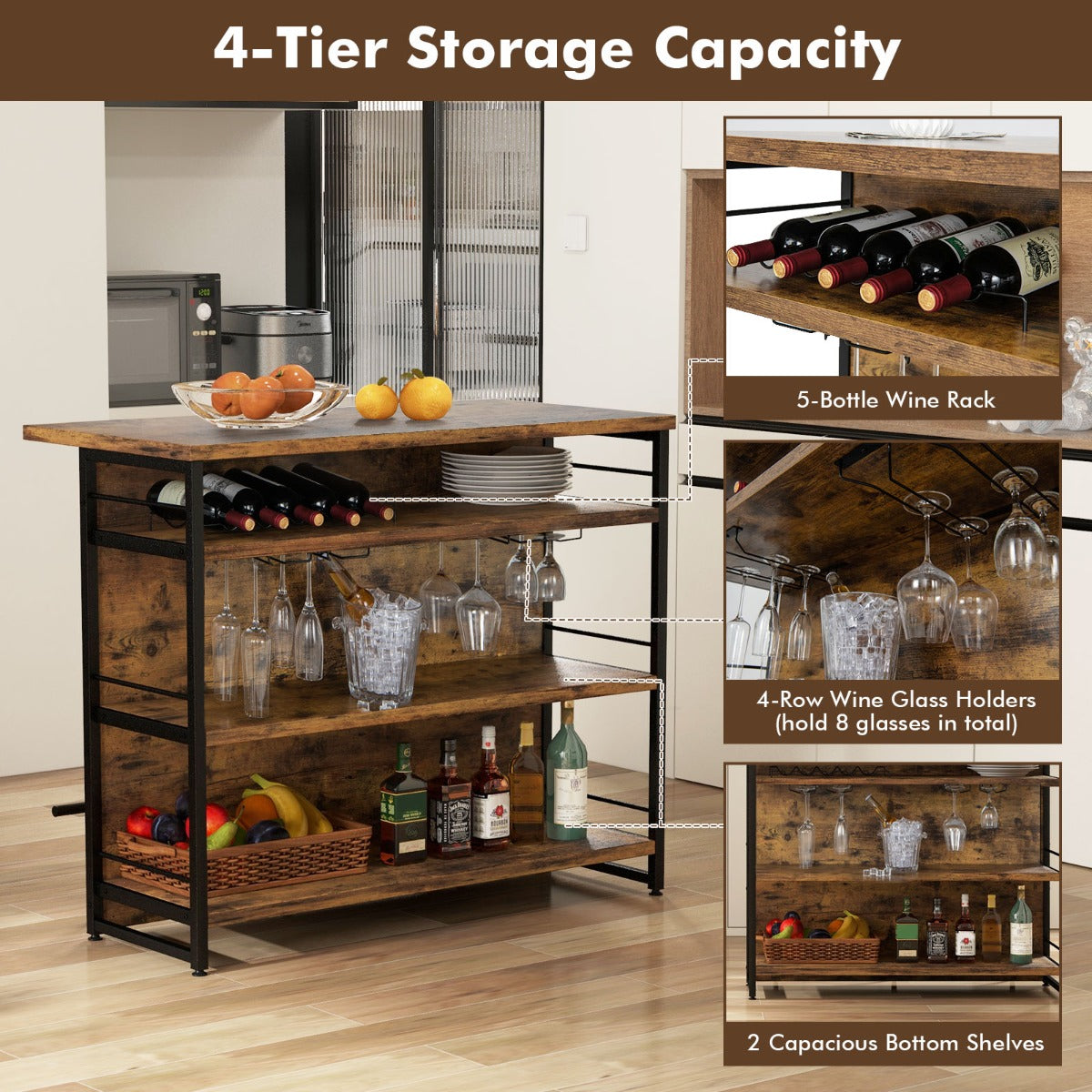 Industrial Home Bar Unit with 3 Open Shelves-Brown